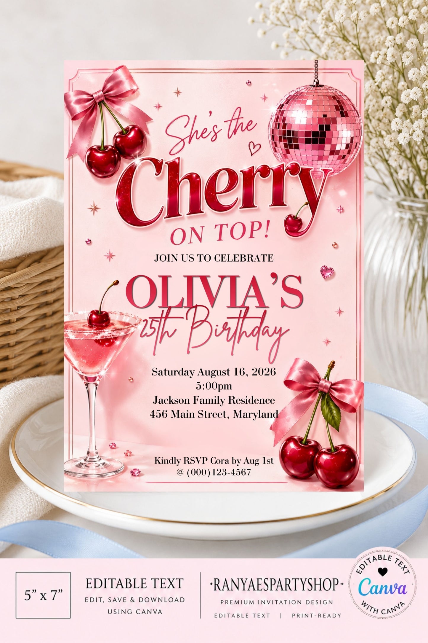 She's the Cherry on Top 5x7 Digital Invitation | Cherry on Top Birthday Invite | Edit Text with Canva  | Digital File Only