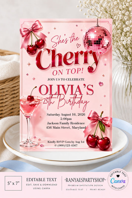 She's the Cherry on Top 5x7 Digital Invitation | Cherry on Top Birthday Invite | Edit Text with Canva  | Digital File Only