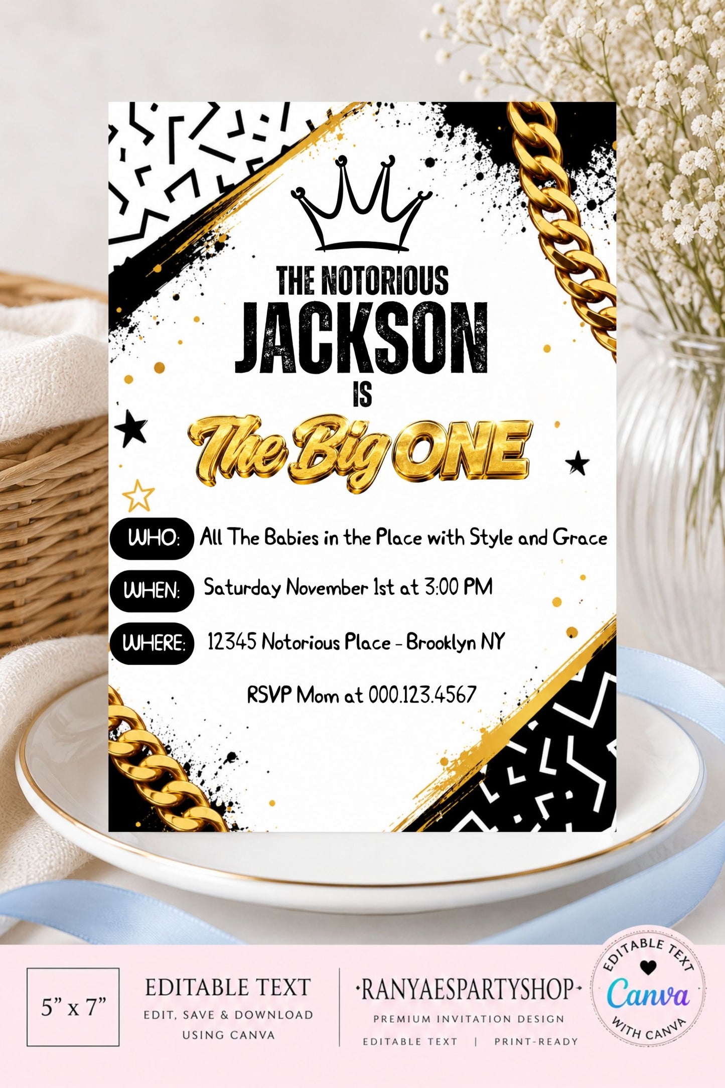 Notorious One 5x7 Digital Invitation | The Big One Party Invite | Edit Text with Canva | Birthday Party Invitation | Digital File Only