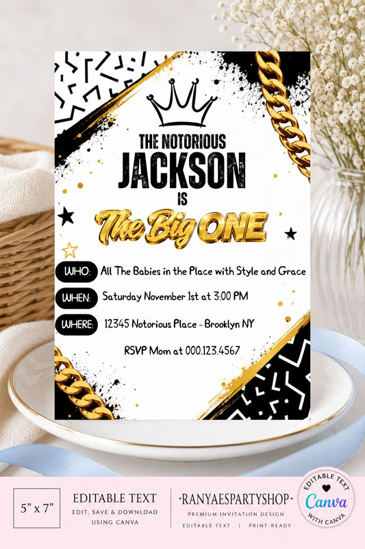 Notorious One 5x7 Digital Invitation | The Big One Party Invite | Edit Text with Canva | Birthday Party Invitation | Digital File Only