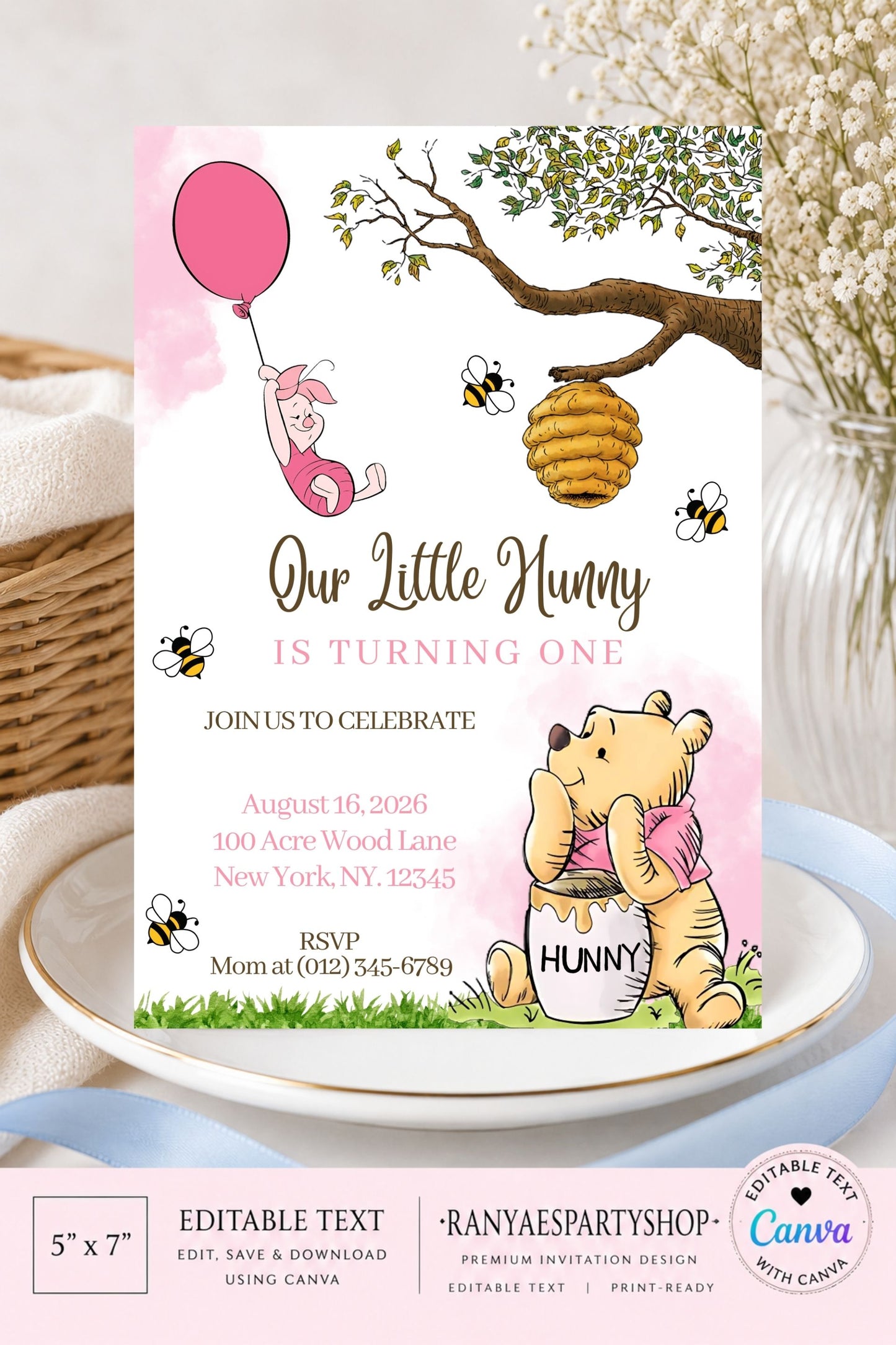 Winnie the Pooh 5x7 Digital Invitation | Winnie the Pooh Party Invite | Edit Text with Canva | Birthday Party Invitation | Digital File Only
