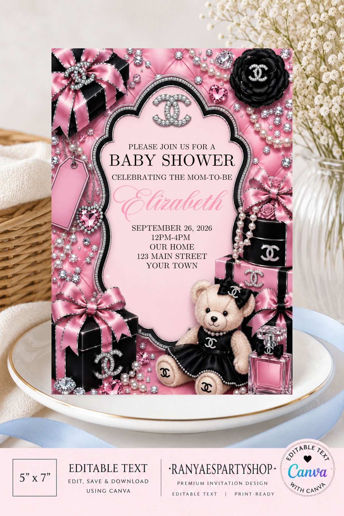Chanel Baby Shower Invitation | Designer Baby Shower | Editable Canva Template | Digital Download