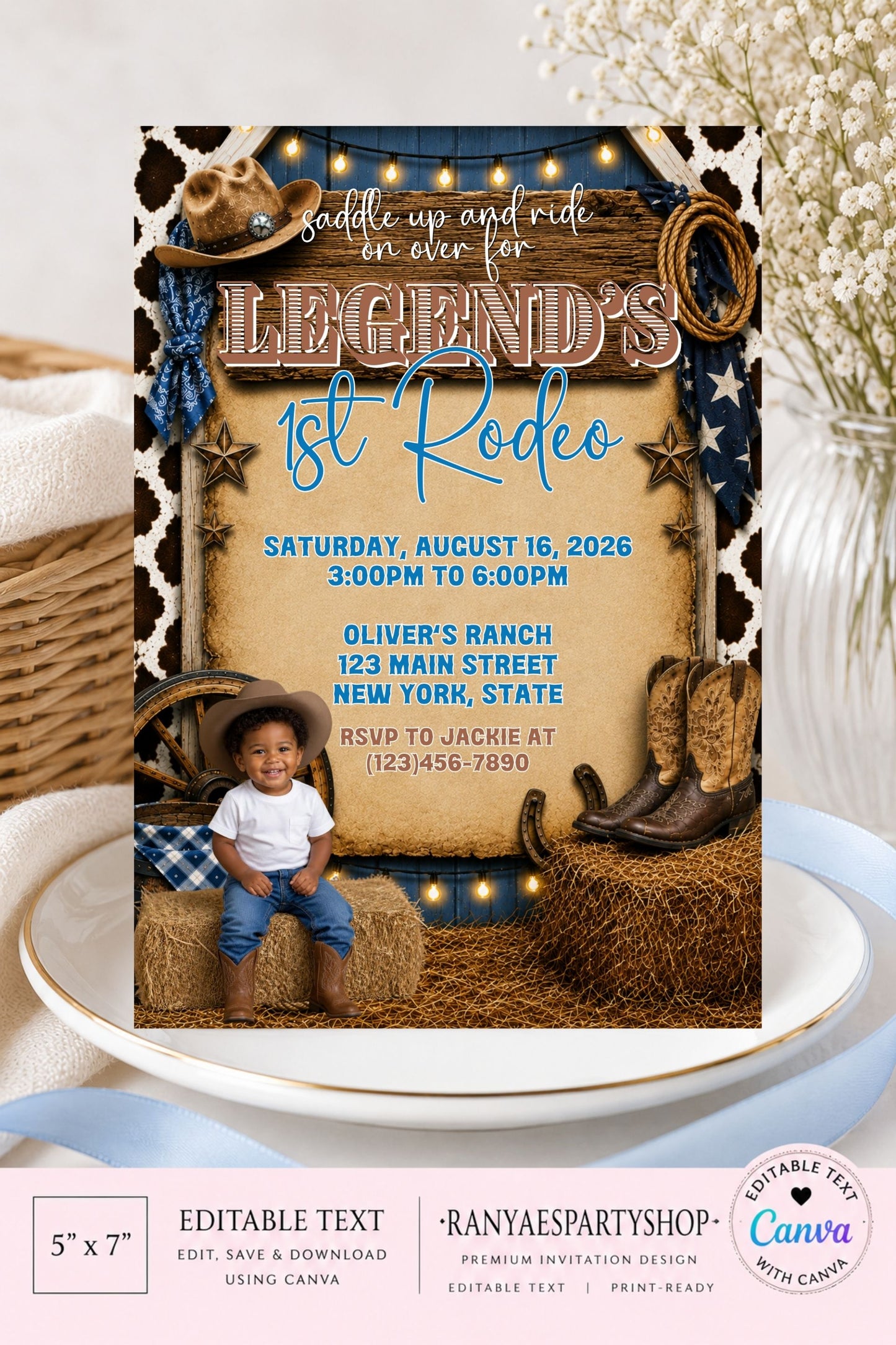 My First Rodeo 5x7 Digital Invitation | Editable Text with  Canva | Rodeo Party Invitation | Digital File Only