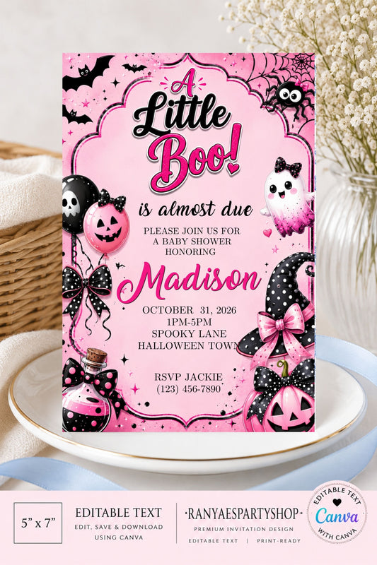 A Little Boo Baby Shower Invitation | Editable Canva Template | Digital Download
