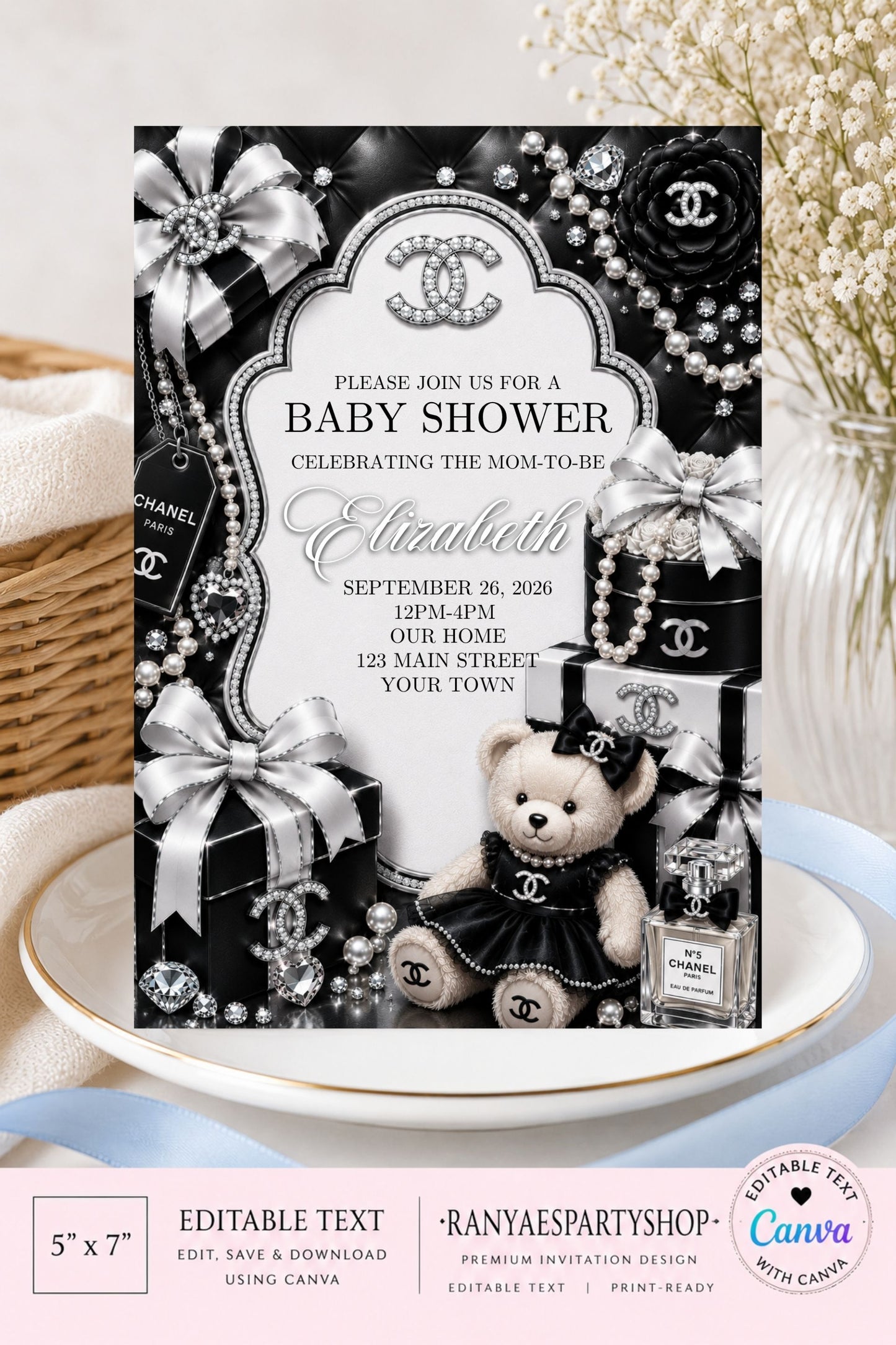 Chanel Baby Shower Invitation | Designer Baby Shower | Editable Canva Template | Digital Download