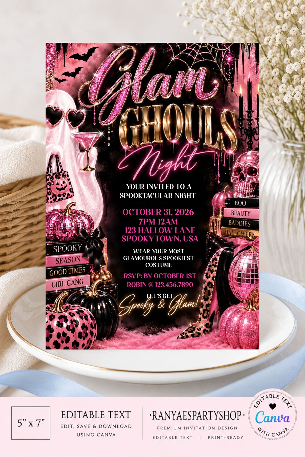 Glam Ghouls 5x7 Night Halloween Invitation | Spooky & Glam Editable Canva Template | Pink & Black Halloween Party Invite