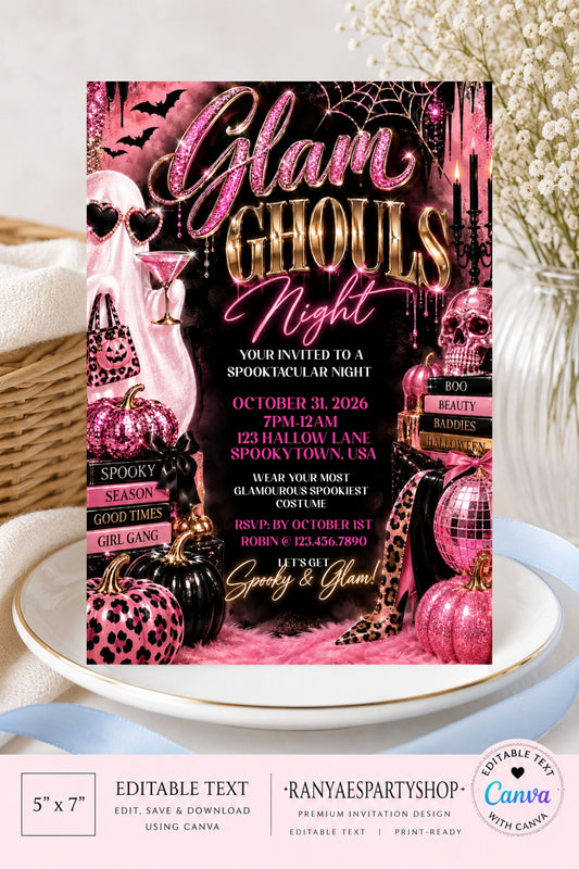 Glam Ghouls 5x7 Night Halloween Invitation | Spooky & Glam Editable Canva Template | Pink & Black Halloween Party Invite