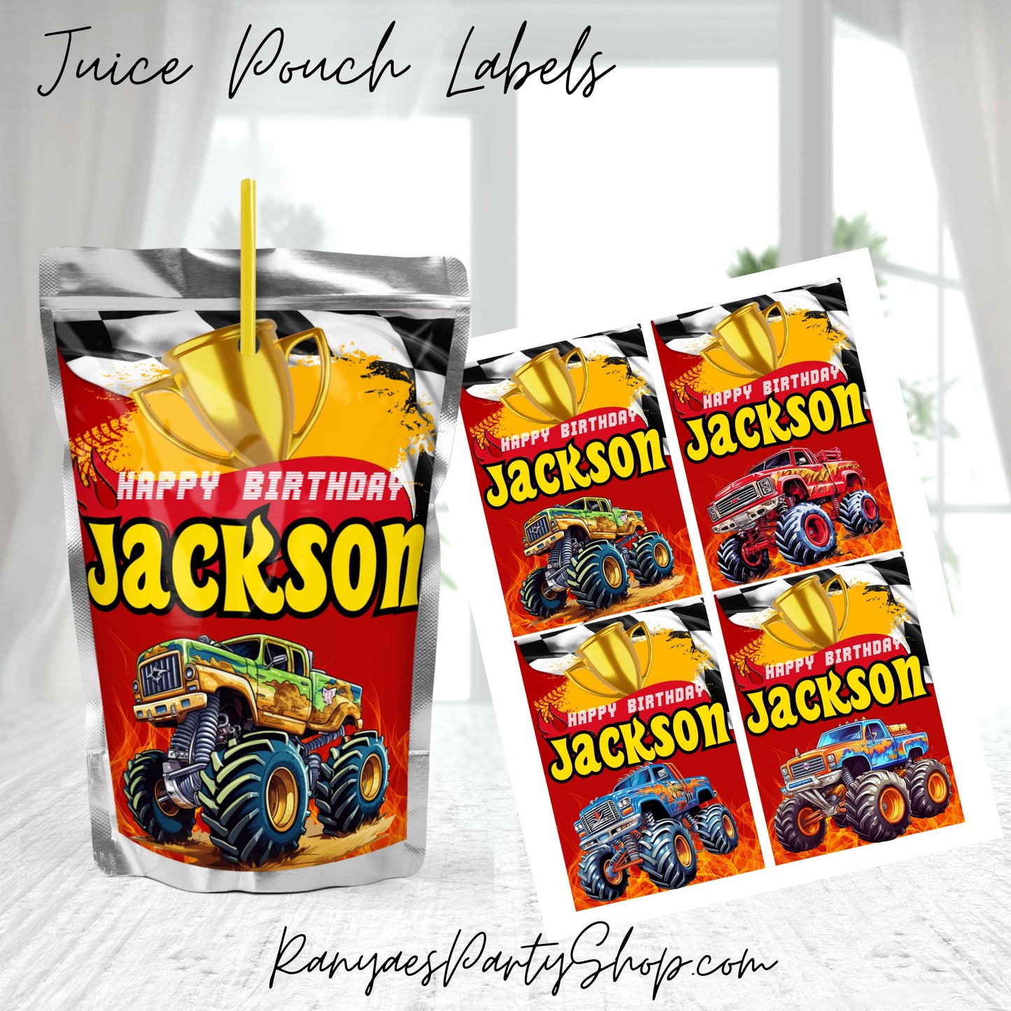 Monster Truck Juice Pouch Labels | Custom Juice Pouch Labels | Monster Truck Party | Monster Truck Juice Labels