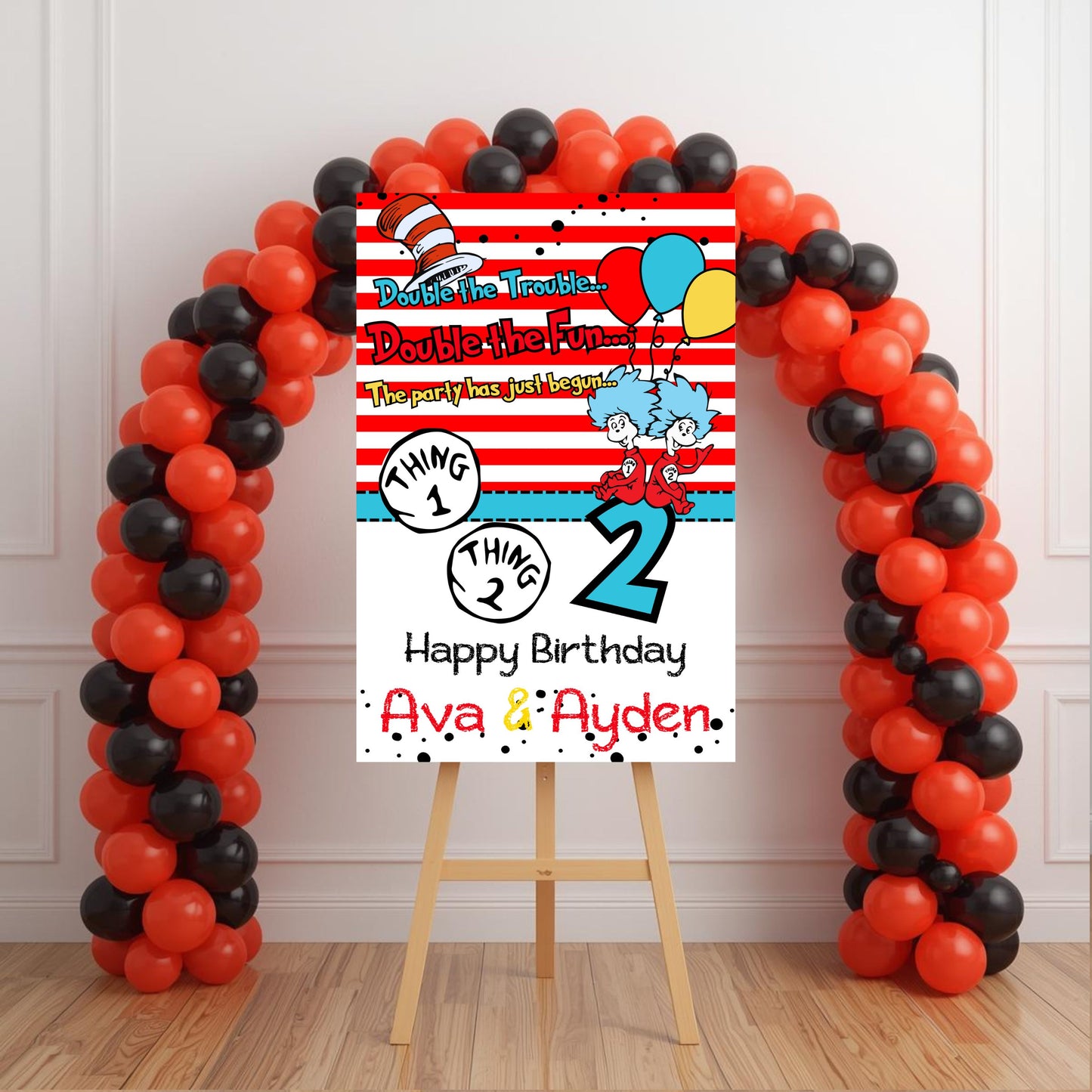 Double Trouble Party Sign | Editable Text with Canva | Digital Poster | Thing 1 Thing 2 Birthday Party Sign