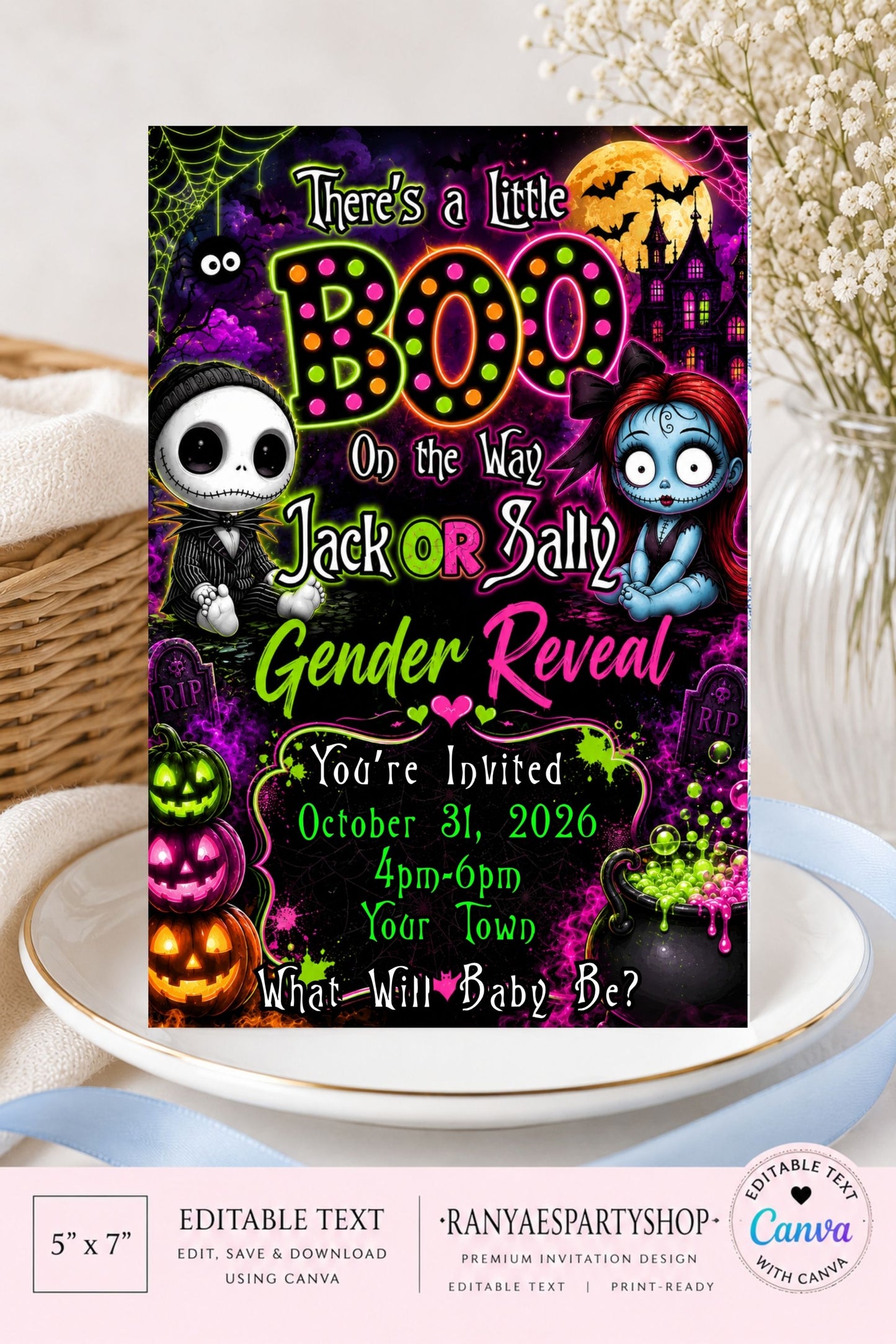 Jack or Sally Digital Invitation | Gender Reveal Invite | Edit Text with Canva | Gender Reveal Party Invitation | Digital File