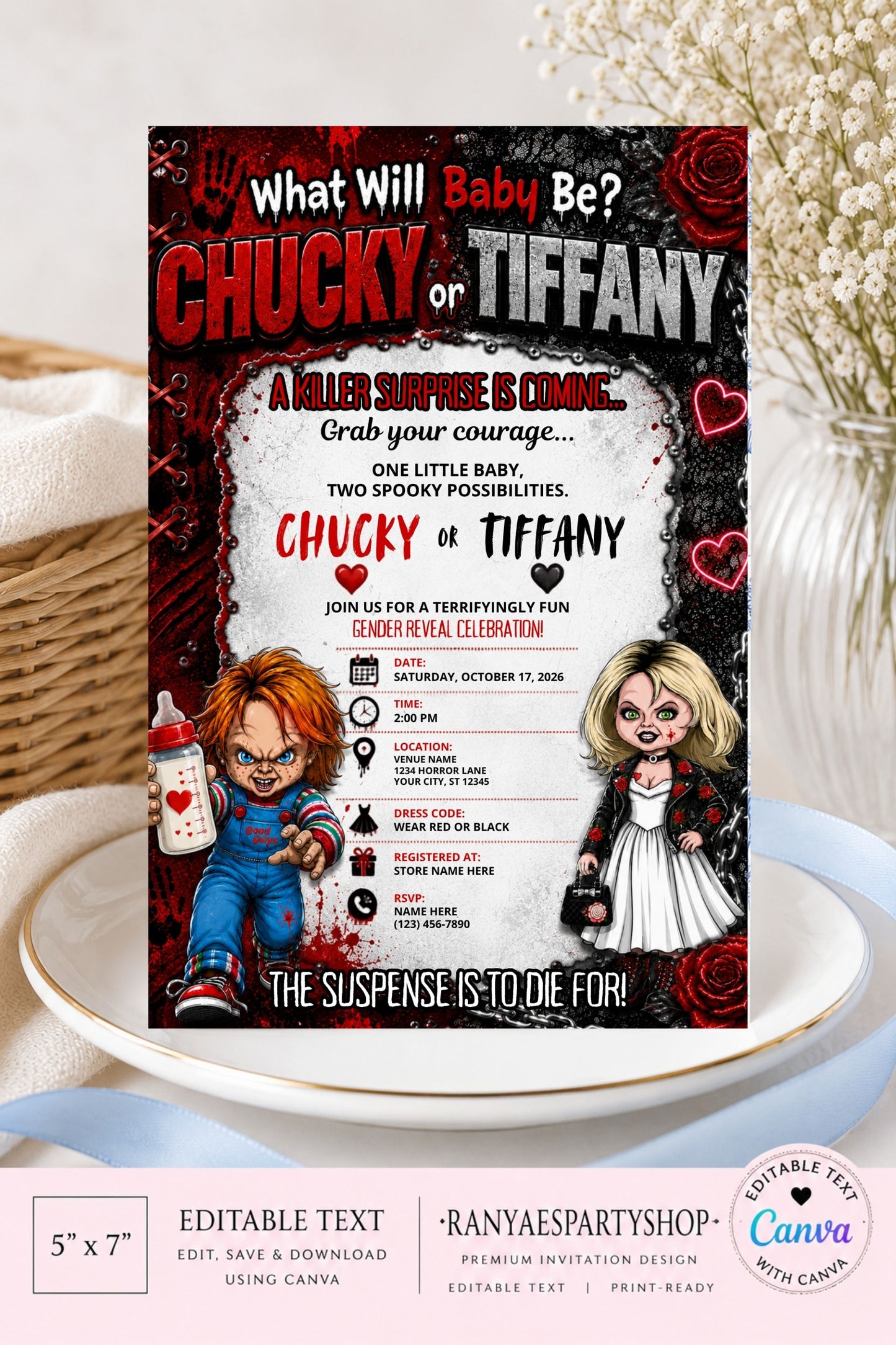 Chucky or Tiffany Digital Invitation | Gender Reveal Invite | Edit Text with Canva | Gender Reveal Party Invitation | Digital File
