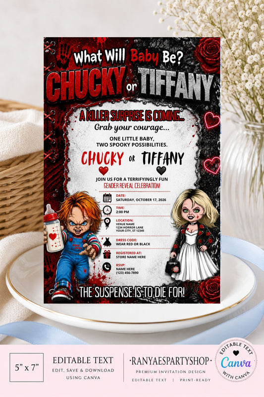 Chucky or Tiffany Digital Invitation | Gender Reveal Invite | Edit Text with Canva | Gender Reveal Party Invitation | Digital File