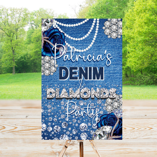 Denim & Diamond Party Sign | Editable Text with Canva | Digital Poster | Edit | Save | Download | Print