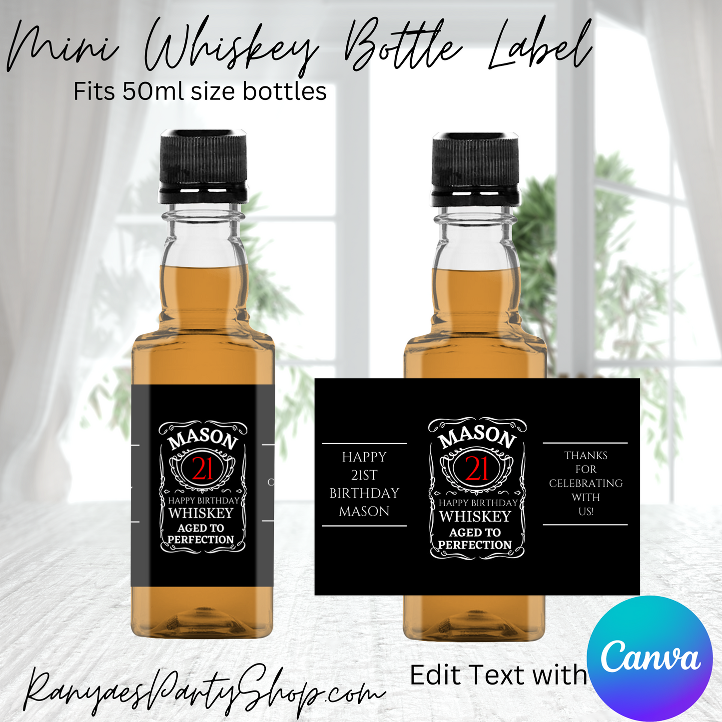 Mini Whiskey Bottle Label | Editable Text with Canva | Fits 50ml Size Bottles | Adult Favors | Edit | Save | Download | Print
