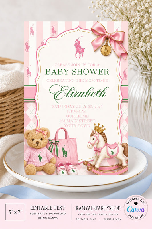 Ralph Lauren Baby Shower Invitation | Polo Baby Shower | Editable Canva Template | Digital Download