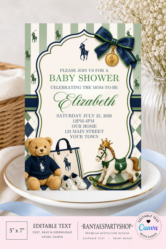 Ralph Lauren Baby Shower Invitation | Polo Baby Shower | Editable Canva Template | Digital Download