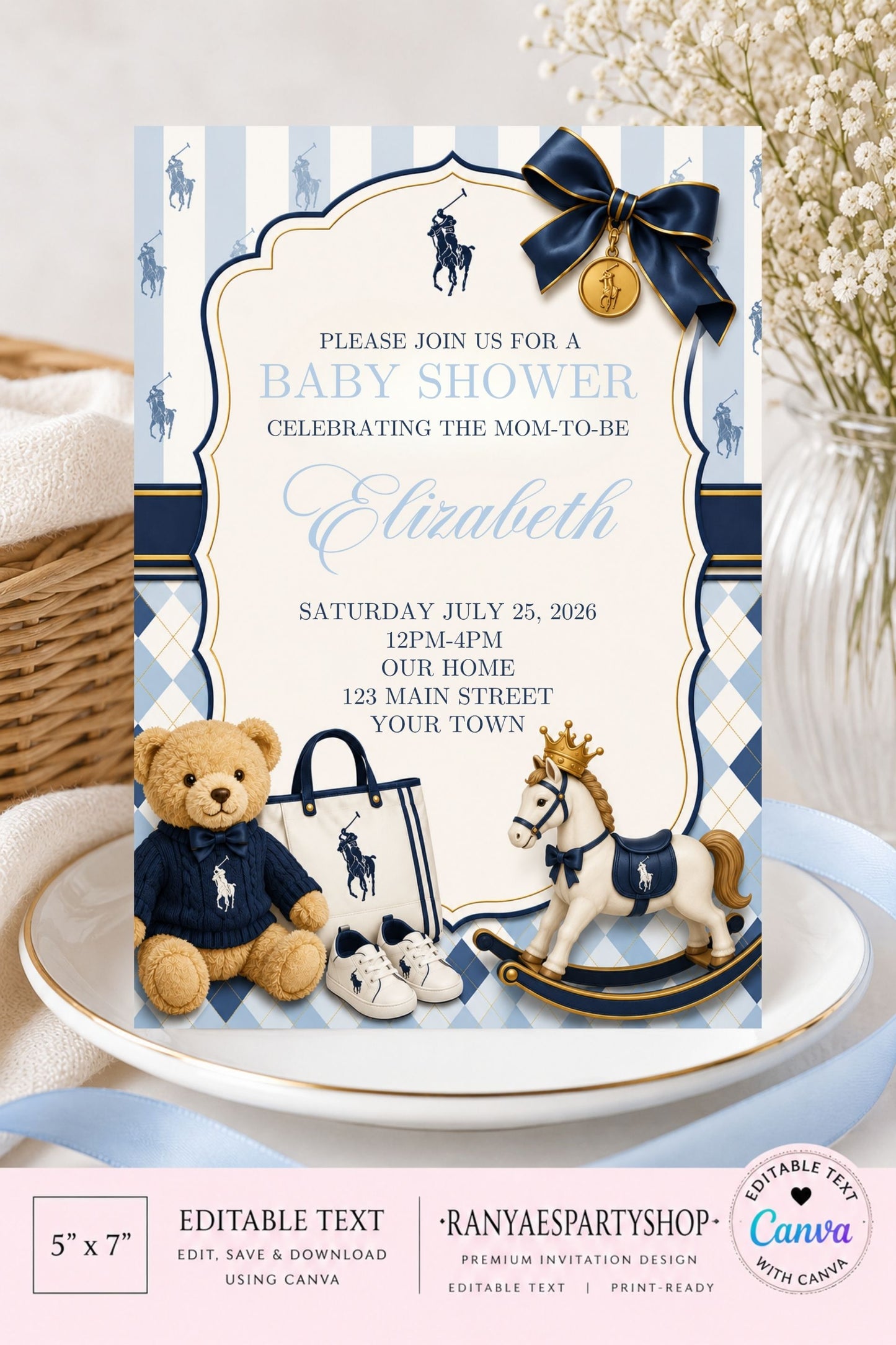 Ralph Lauren Baby Shower Invitation | Polo Baby Shower | Editable Canva Template | Digital Download