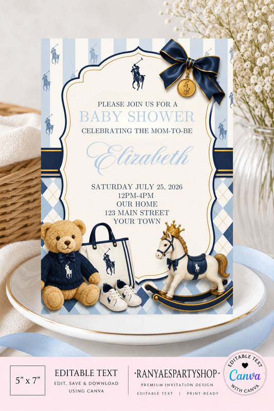 Ralph Lauren Baby Shower Invitation | Polo Baby Shower | Editable Canva Template | Digital Download