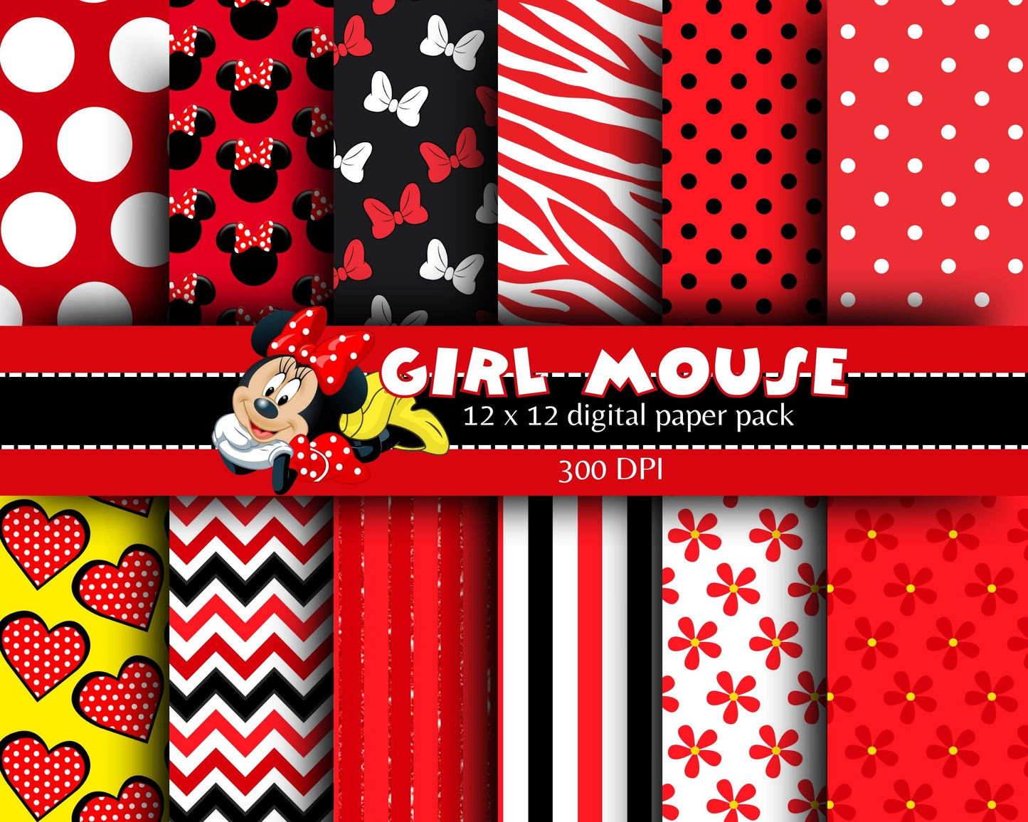 Girl Mouse Digital Paper | 12 Digital Papers | Minnie Mouse Digital Paper | Digital File Only