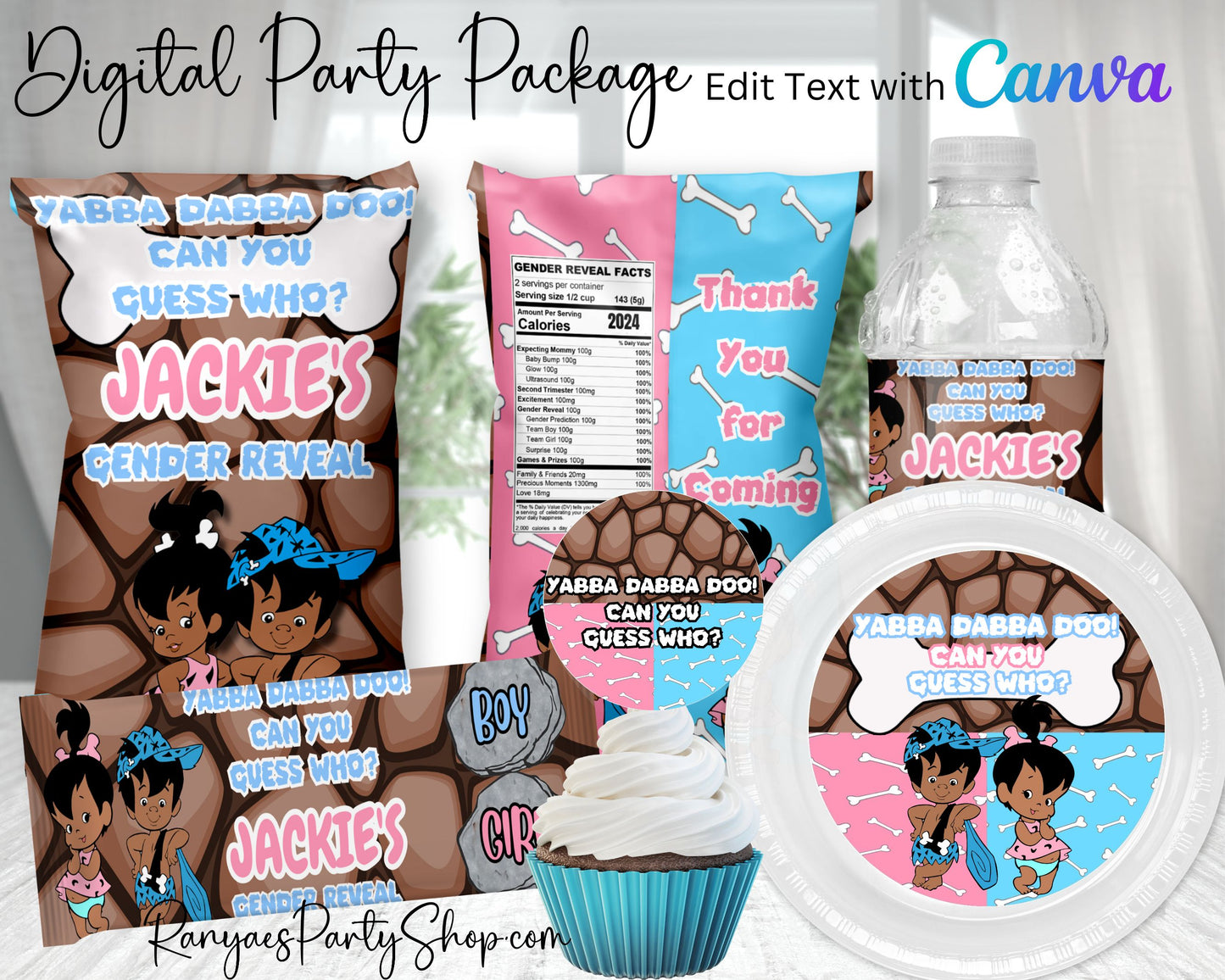 AA Bam Bam or Pebbles Gender Reveal Package | Edit with Canva | You Download | You Print | You Assemble