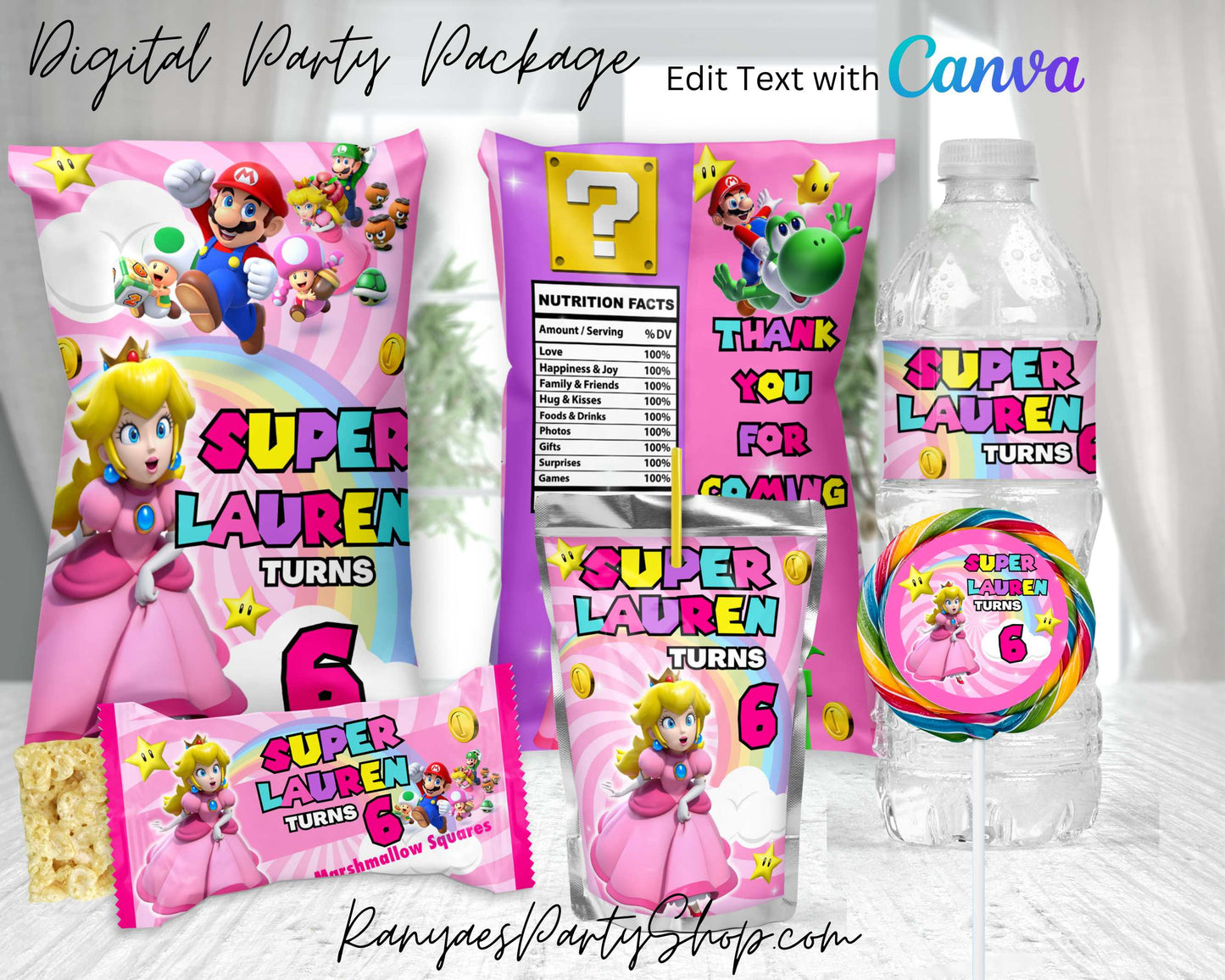 Princess Peach Digital Party Package | Edit Text with Canva | You Edit | You Save | You Download | You Print | Digital File Only