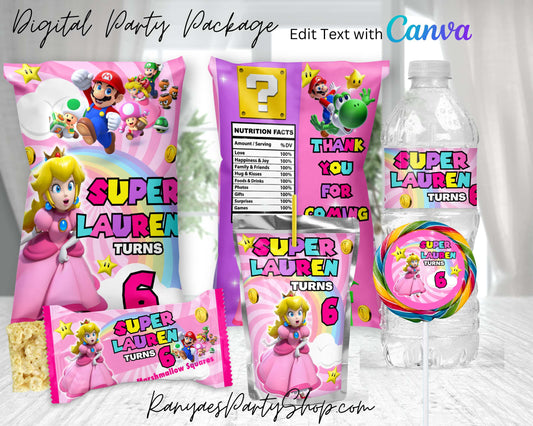 Princess Peach Digital Party Package | Edit Text with Canva | You Edit | You Save | You Download | You Print | Digital File Only