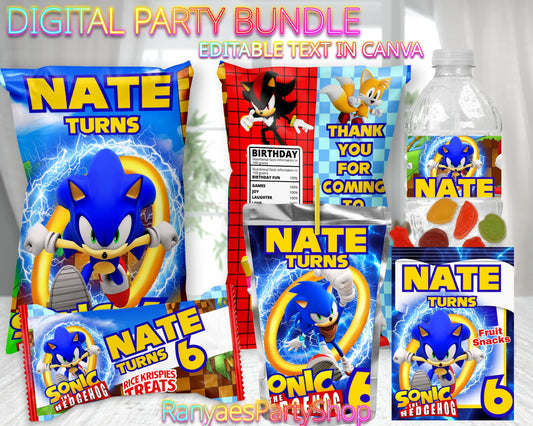 Sonic Digital Party Package | Sonic Party Bundle | Edit Text with Canva | Digital File Only