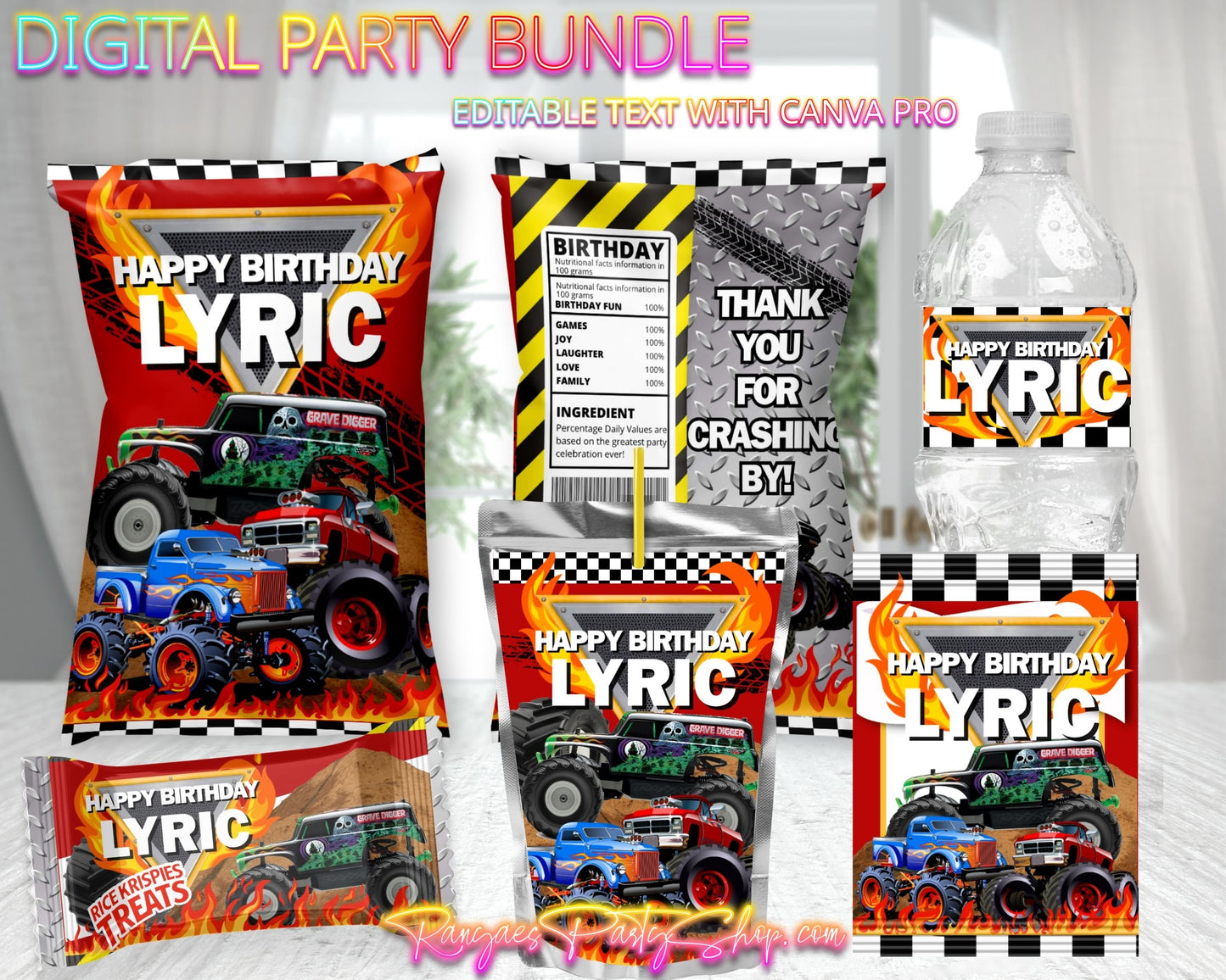 Monster Truck Digital Party Package | Monster Jam Party Bundle | Edit Text with CANVA PRO | Digital File Only