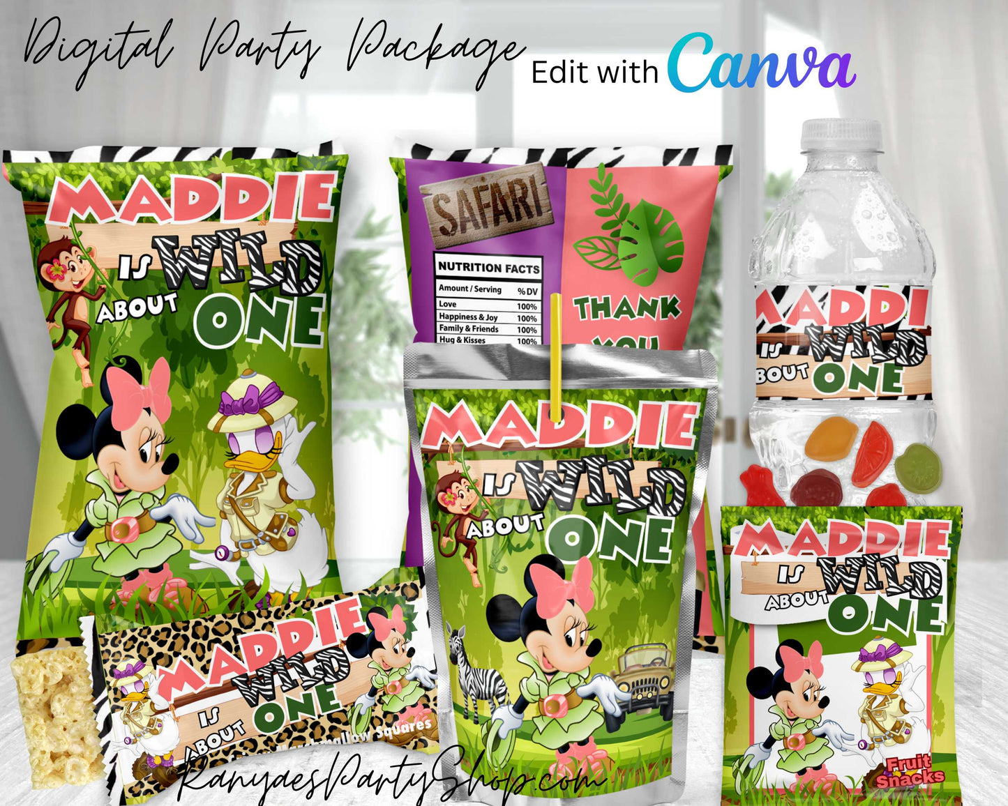 Minnie Safari Digital Party Package | Edit Text with Canva | You Edit | You Save | You Download | You Print | Digital File Only