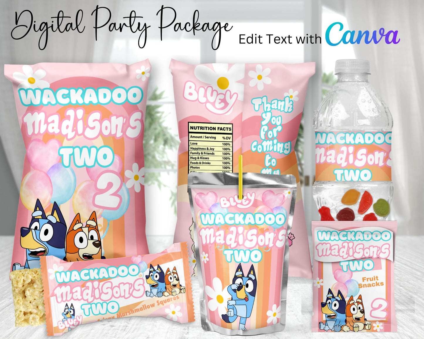 Bluey Pink Digital Party Package | Edit Text with Canva | You Edit | You Save | You Download | You Print | Digital File Only
