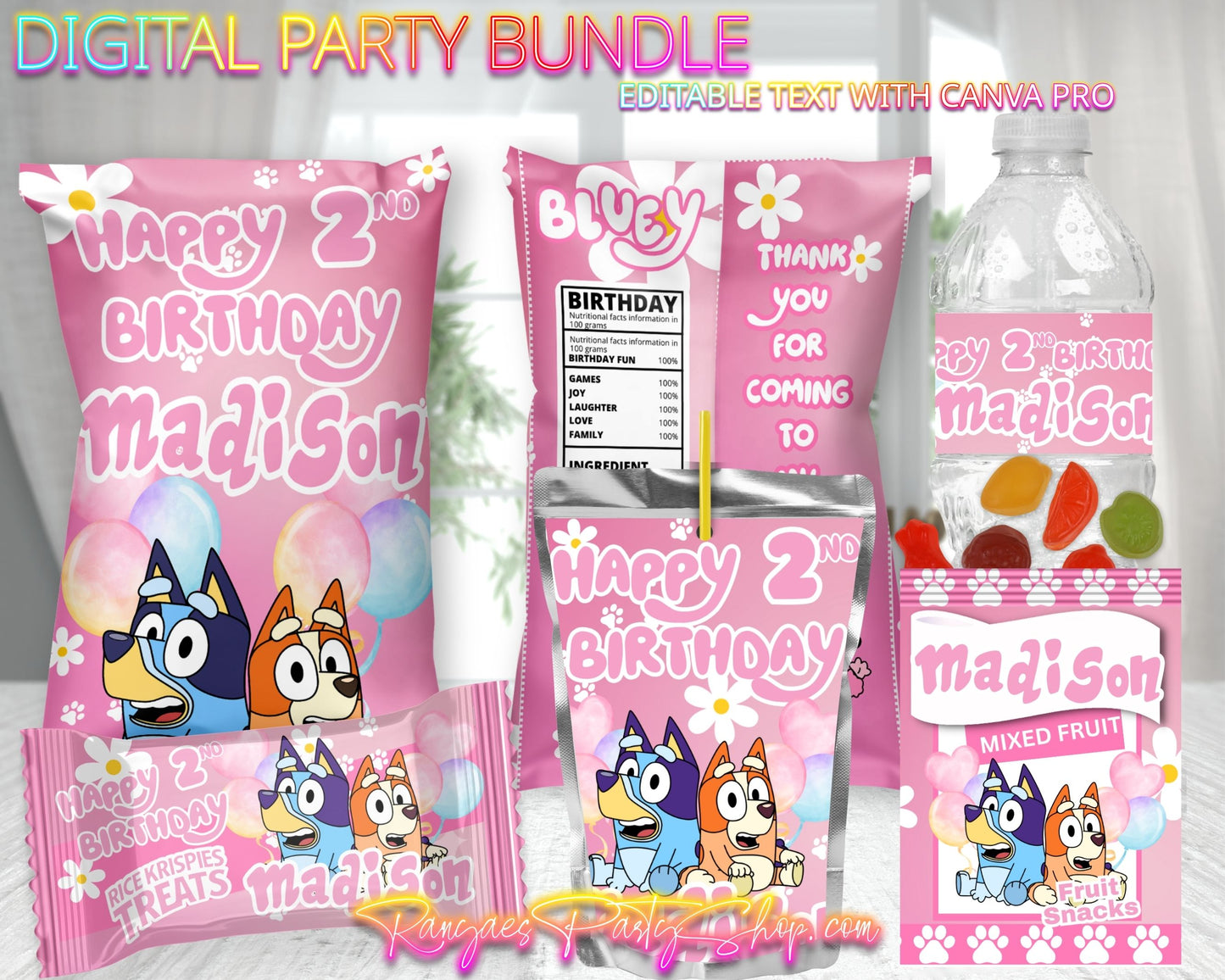Bluey Pink Digital Party Package | Bluey Birthday Party Bundle | Edit Text with CANVA PRO | Digital File Only