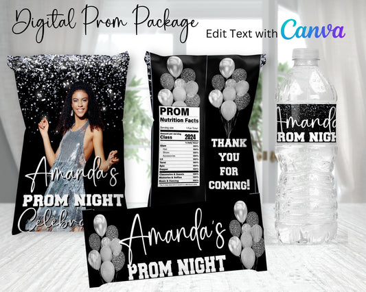 Black and Silver Digital Prom Party Package | Edit Text with Canva | You Edit | You Save | You Download | You Print | Digital File Only