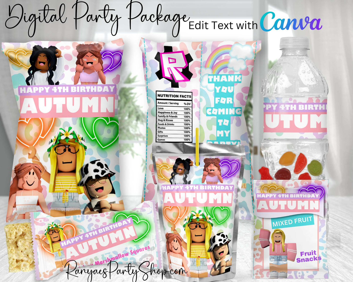 Roblox Girls Digital Party Package | Edit Text with Canva | You Edit | You Save | You Download | You Print | Digital File Only