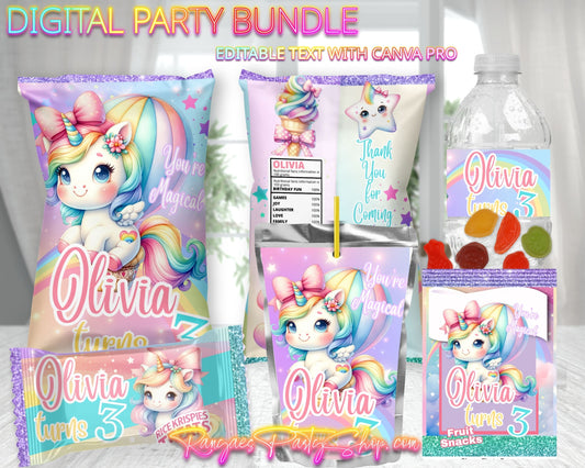 Unicorn Digital Party Package | Unicorn Birthday Party Bundle | Edit Text with CANVA PRO | Digital File Only