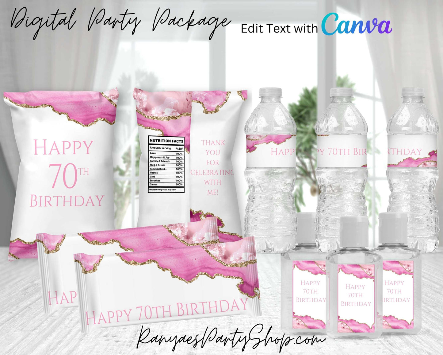 Pink & Gold Digital Party Package | Edit Text with Canva | You Edit | You Save | You Download | You Print | Digital File Only