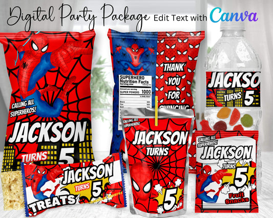 Spiderman Digital Party Package | Edit Text with Canva | You Edit | You Save | You Download | You Print | Digital File Only
