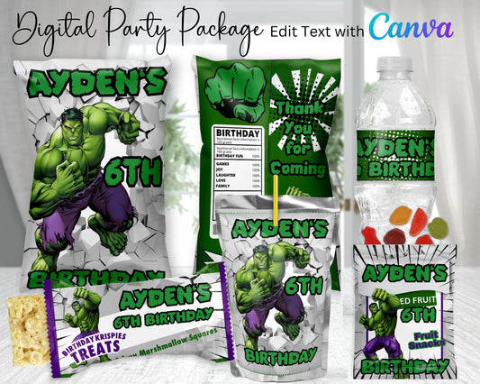 Hulk Digital Party Package | Edit Text with Canva | You Edit | You Save | You Download | You Print | Digital File Only