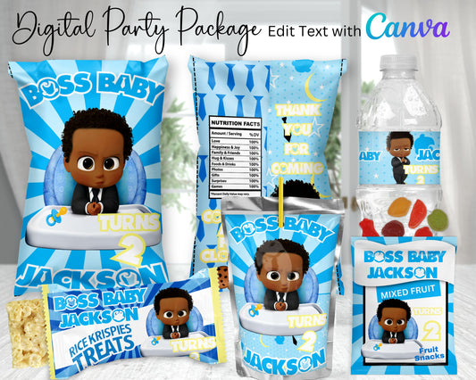 African American Boss Baby Digital Party Package | Edit Text with Canva | You Edit | You Save | You Download |You Print | Digital File Only