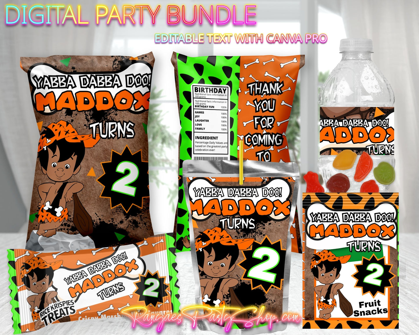 African American Bam Bam Digital Party Package | Bam Bam Birthday Party Bundle | Edit Text with CANVA PRO | Digital File Only