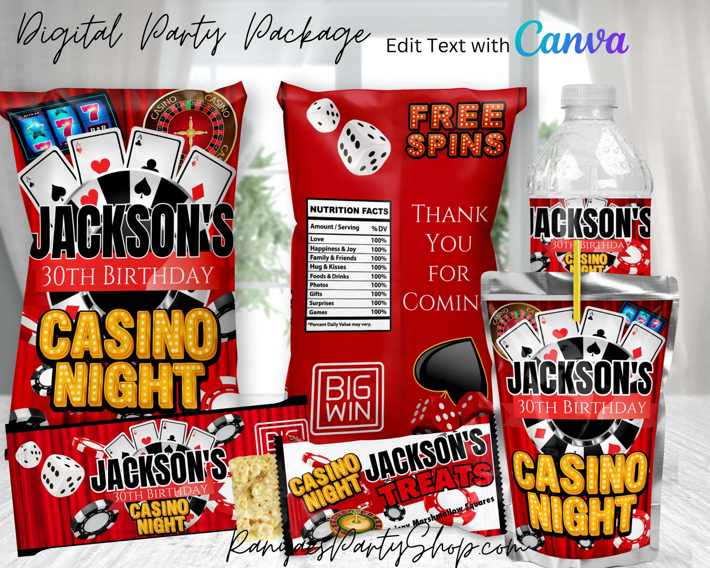 Casino Digital Party Package | Edit Text with Canva | You Edit | You Save | You Download | You Print | Digital File Only