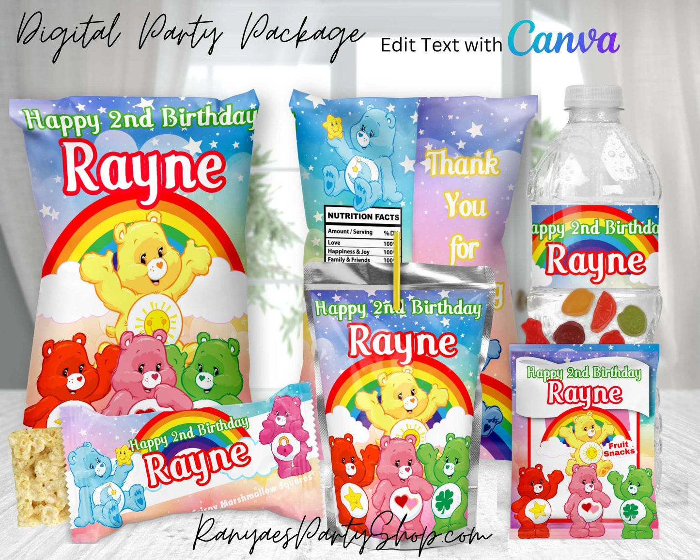 Care Bears Digital Party Package | Edit Text with Canva | You Edit | You Save | You Download | You Print | Digital File Only