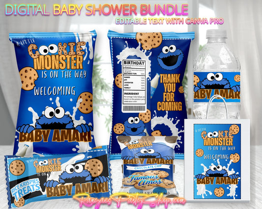 Cookie Monster Baby Shower Digital Bundle | Little Cookie On The Way | Edit Text with CANVA PRO | Digital File Only
