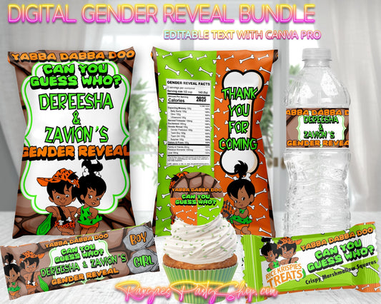 AA Pebbles or Bam Bam Gender Reveal Digital Package | Gender Reveal Bundle Green & Orange | Editable with CANVA PRO | Gender Reveal Favors | Digital File Only