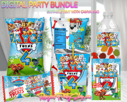 Paw Patrol Digital Party Package | Paw Patrol Birthday Party Bundle | Edit Text with CANVA PRO | Digital File Only