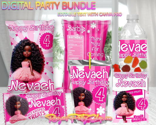 African American Barbie Digital Party Package | Barbie Birthday Party Bundle | Edit Text with CANVA PRO | Digital File Only