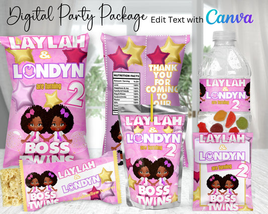 Boss Twins Digital Party Package | Edit Text with Canva | You Edit | You Save | You Download | You Print | DIGITAL FILE ONLY