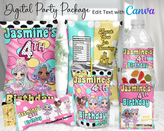 Doll Digital Party Package | Edit Text with Canva | You Edit | You Save | You Download | You Print | Digital File Only