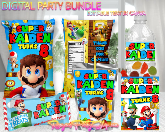 Super Mario Digital Party Package | Super Mario Party Bundle | Edit Text with Canva | Digital File