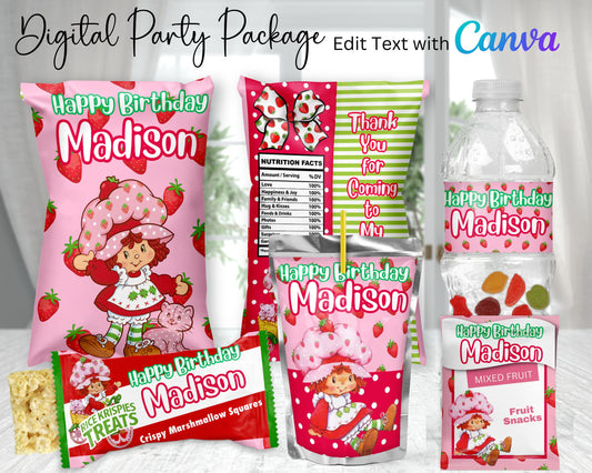 Strawberry Shortcake Digital Party Package | Edit Text with Canva | You Edit | You Save | You Download | You Print | Digital File Only