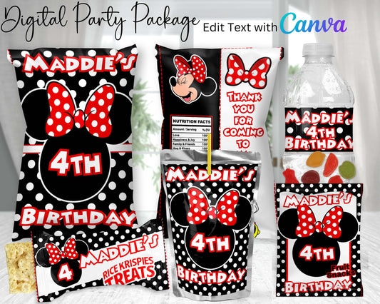 Minnie Digital Party Package | Edit Text with Canva | Party Package | Digital Items | Edit | Save | Download | Print |